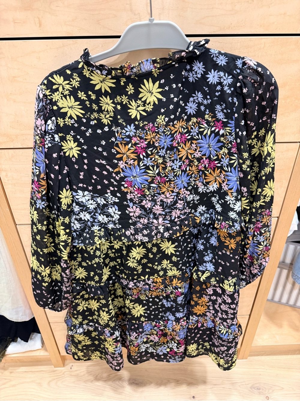 Black Floral Long-Sleeve Tiered Dress